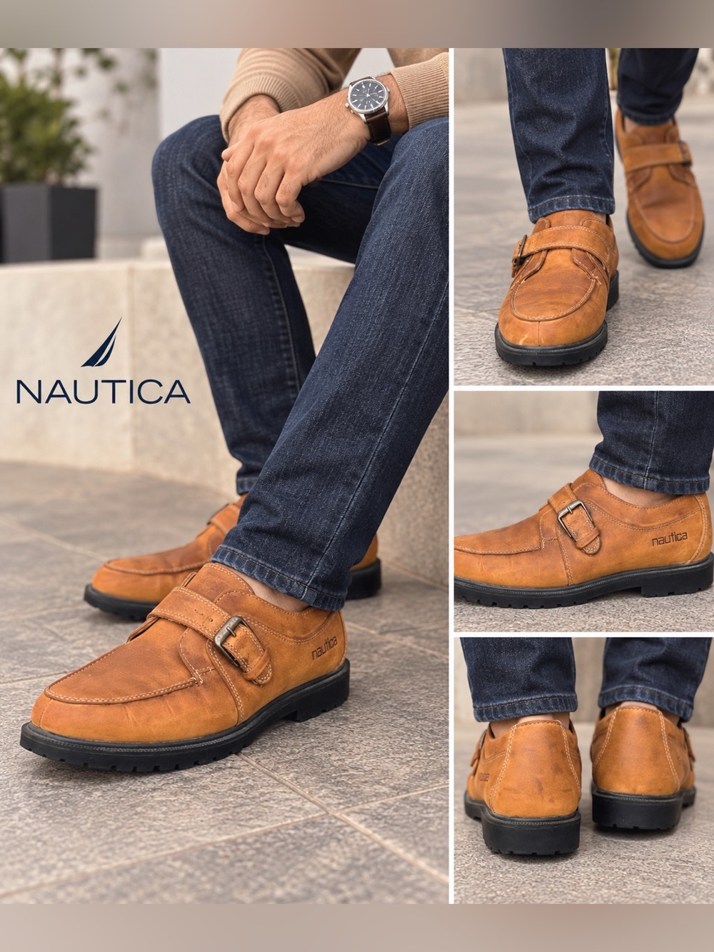 Nautica Men’s 8.5 Brown Leather Waterproof Monk Strap Shoes